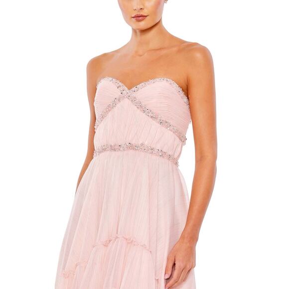 Mac Duggal Strapless Beaded Ruffle High Low Prom Gown in Ice Pink Sz 4 Princess - Picture 4 of 16